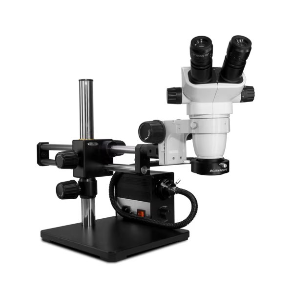 SSZ Stereo Zoom Microscope And Fiber-Optic LED Light On Dual Arm Stand, Scienscope, Mfr#: SZ-PK5D-AN